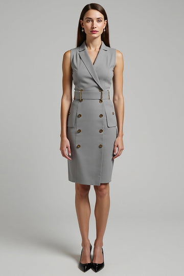 Grey Satin Double Breasted Notched Lapel Midi Work Dress with Belt